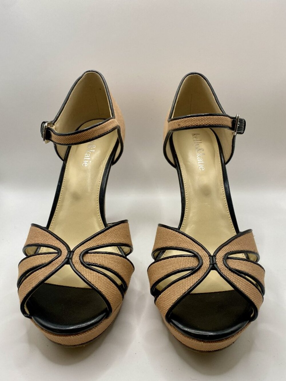 Kellie & Katie Black and Tan Fabric Upper Open Toe Ankle Buckle Heels Size 8